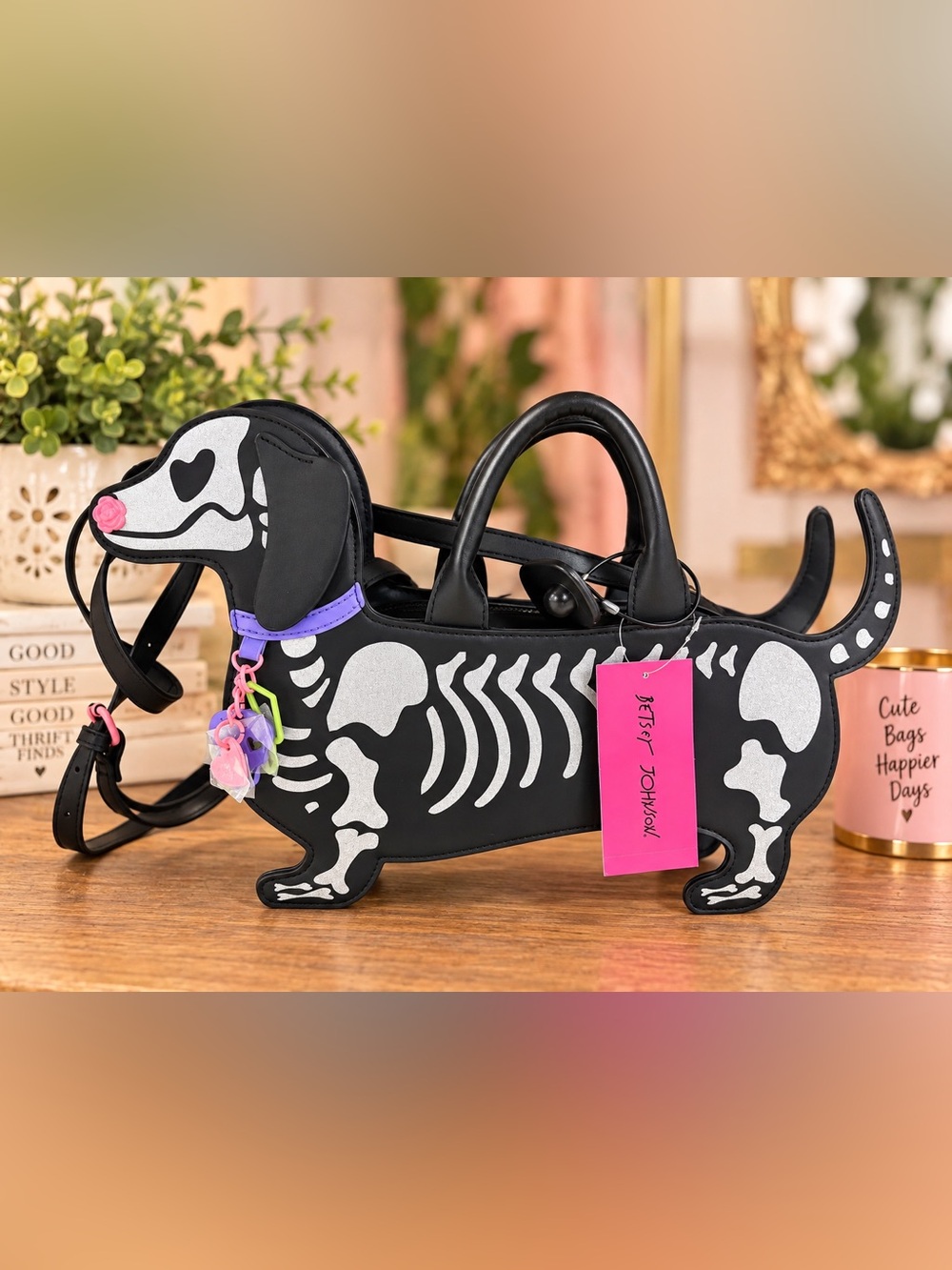 Betsey Johnson weiner dog Dachshund skeleton Halloween purse bag crossbody
